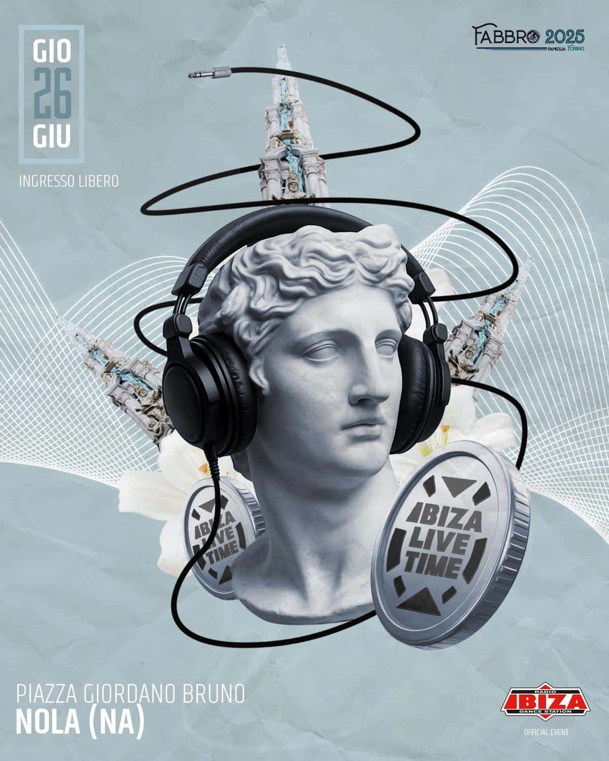 IBIZA LIVE TIME statua classica con cuffie e elementi digitali in stile futuristico dance