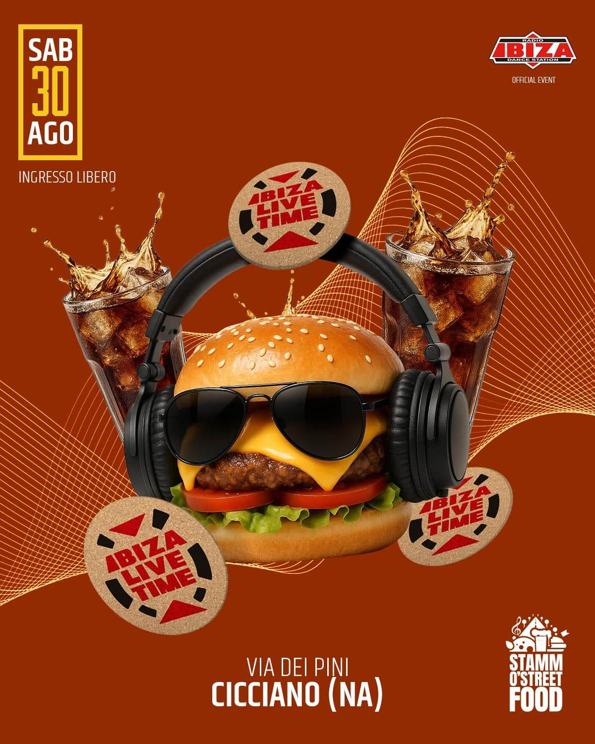 IBIZA LIVE TIME hamburger con elementi grafici street food e branding evento
