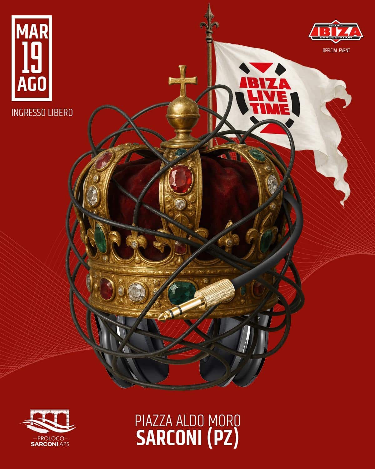 IBIZA LIVE TIME corona reale con elementi audio e logo evento in stile creativo