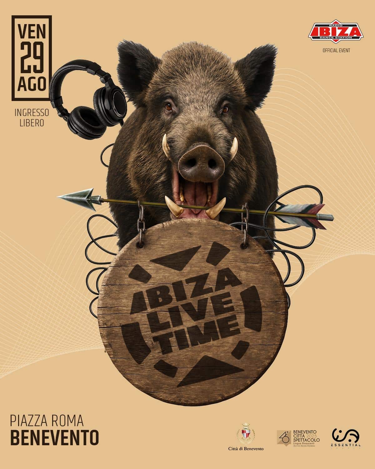 IBIZA LIVE TIME cinghiale con cuffie e logo evento in composizione ironica e creativa