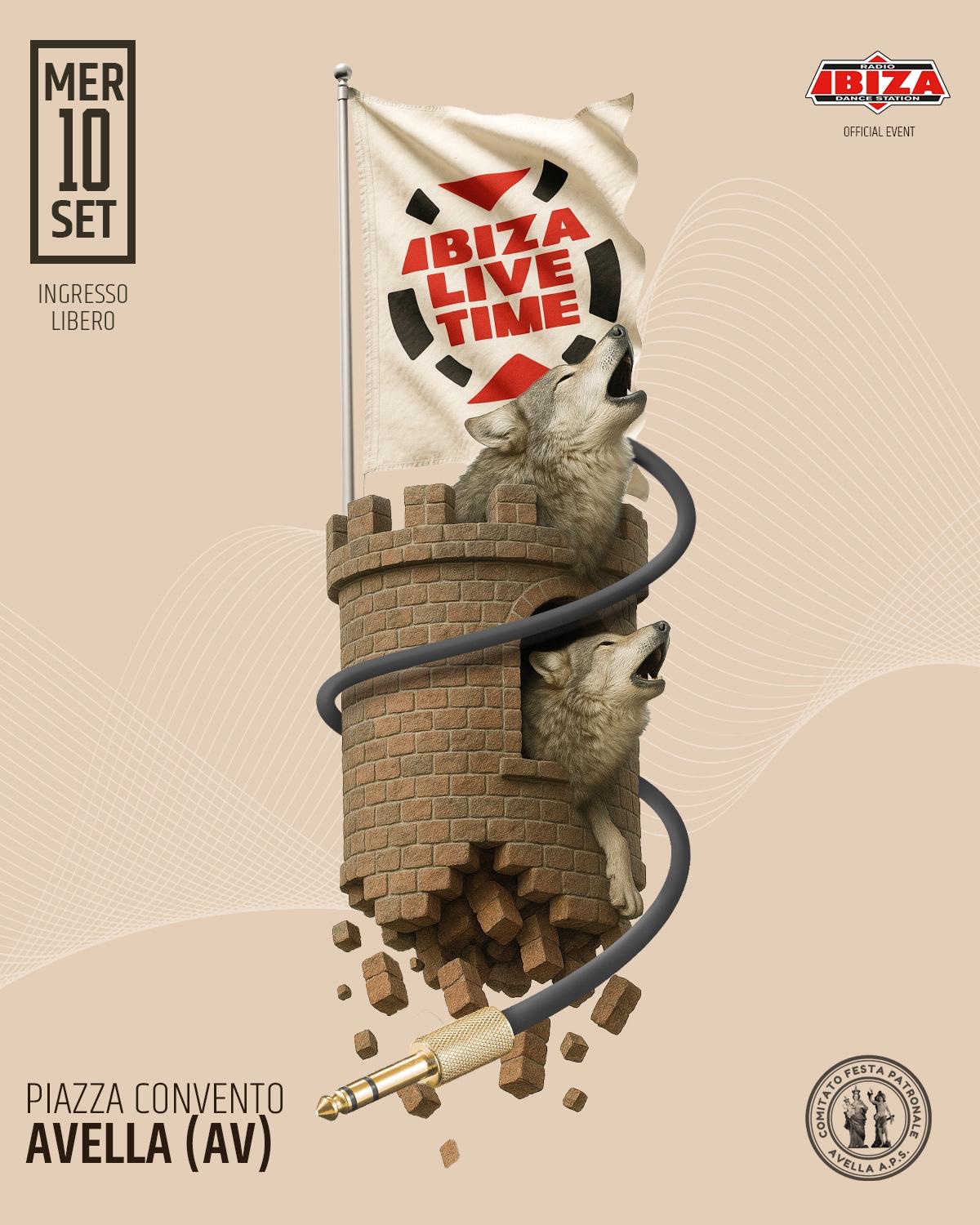 IBIZA LIVE TIME torre stilizzata con elementi urban e logo evento in composizione creativa