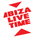 Logo Ibiza Live time bianco e rosso su sfondo trasparente - by radio ibiza