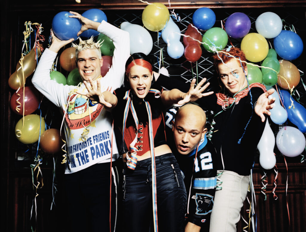 Danish-Norwegian pop group Aqua, 17th October 1997. From left to right, they are guitarist Soren Rasted, vocalists Lene Nystrom and Rene Dif, and keyboardist Claus Norreen. (Photo by Tim Roney/Getty Images)