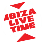 Logo Ibiza Live time bianco e rosso su sfondo trasparente - by radio ibiza